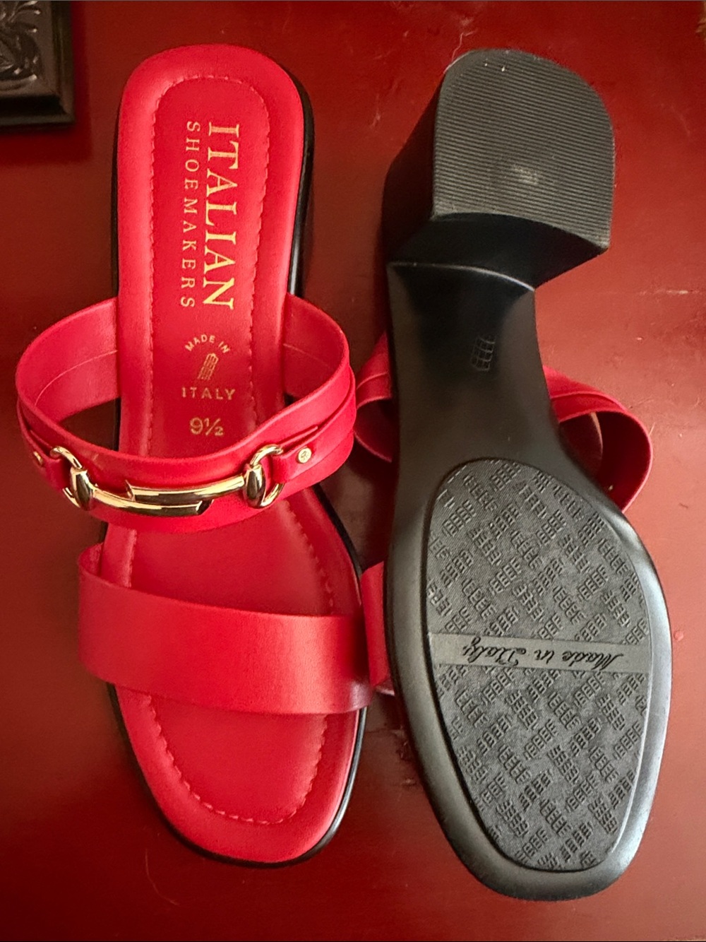 Italian Shoemakers Red Leather Slide Mules with Gold Accent